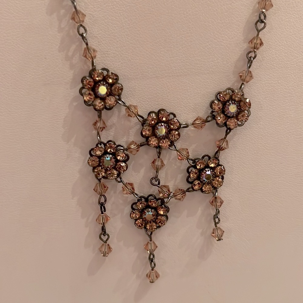 Amber Stone Flower Shaped Crystal Cascading Chandelier Necklace